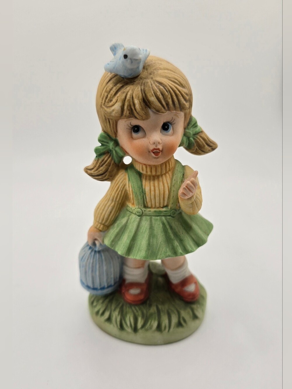 Vintage Homco Blonde Girl With Blue Bird and Cage Porcelain Figurine Green Dress